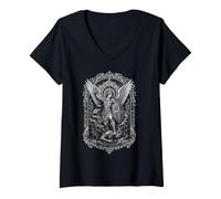Mujer San Miguel Arcángel Espada Sagrado Icono Arte Fe Camiseta Cuello V