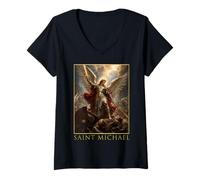Mujer San Miguel Arcángel Espada Y Escudo Icono Arte Fe Camiseta Cuello V