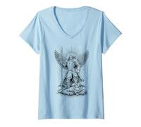 Mujer San Miguel Derrotando al Diablo Arcángel Católico Guerrero Camiseta Cuello V