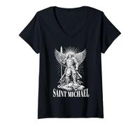 Mujer San Miguel Derrotando al Diablo Arcángel Católico Guerrero Camiseta Cuello V