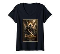 Mujer San Miguel Gótico Guerrero Ángel Sagrado Icono Arte Fe Camiseta Cuello V