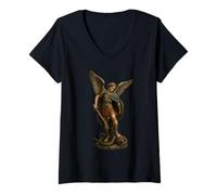 Mujer San Miguel Michael el Arcángel derrotando a Satanás - Camiseta Cuello V