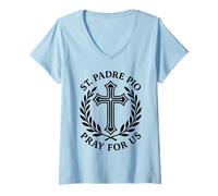 Mujer San Padre Pío Reza por Nosotros Católica Santa Cruz Devoción Camiseta Cuello V