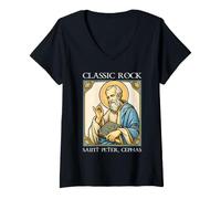 Mujer San Pedro Rock Clásico Vibra Católica Petros sobre Esta Roca Camiseta Cuello V