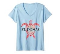 Mujer San Tomás USVI Tribal Tortuga Marina Surfer Buceo Souvenir Camiseta Cuello V