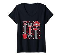 Mujer San Valentín Herramientas de construcción Corazones Amor Camiseta Cuello V