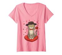 Mujer San Valentín Negro Gato Sosteniendo Rosas Rojas Corazones Arte Vintage Camiseta Cuello V
