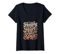 Mujer Sanación con corazón y una pizca de calabaza especia enfermera Camiseta Cuello V