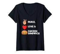 Mujer Sandwich de Pollo Peace Love Sándwich de Amor Divertido Camiseta Cuello V