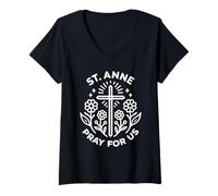 Mujer Santa Ana ruega por Nosotros Novena católica Cristiana Floral Camiseta Cuello V