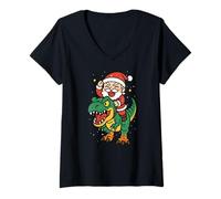Mujer Santa Claus Christmas Dinosaur Trex Merry Xmas Niños Niñas Camiseta Cuello V