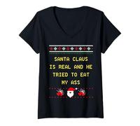 Mujer Santa Claus es Real y trató de Comer mi Culo Navidad Camiseta Cuello V