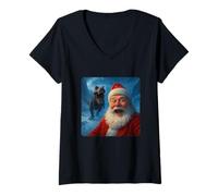 Mujer Santa Claus Selfie T-Rex Dinosaur Chase Humor Divertido Camiseta Cuello V