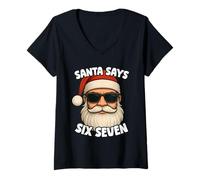 Mujer Santa Dice Seis Siete 6 7 Meme Divertido 6-7 Navidad 67 Navidad Camiseta Cuello V
