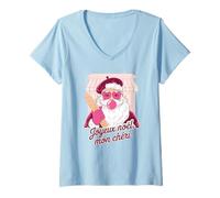 Mujer Santa en París Francés Navidad Vacaciones Amor Navidad Camiseta Cuello V