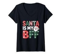 Mujer Santa es mi Mejor Amiga, Divertidas y Lindas Vacaciones de Navidad Camiseta Cuello V