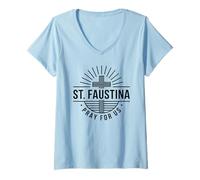 Mujer Santa Faustina ruega por Nosotros Cruz Católica Camiseta Cuello V