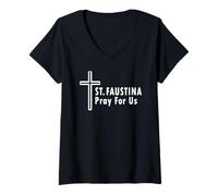 Mujer Santa Faustina ruega por Nosotros Cruz de la Divina Misericordia Camiseta Cuello V