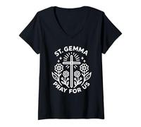Mujer Santa Gemma Reza por Nosotros Cruz Patrocinio Católico Floral Camiseta Cuello V