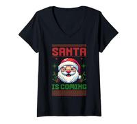 Mujer Santa is Coming Pixel Art Retro Christmas Graphic Camiseta Cuello V