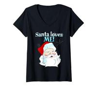 Mujer Santa Loves Me Christmas tee - Navidad Holiday B Camiseta Cuello V