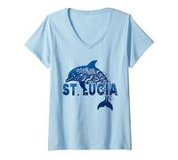 Mujer Santa Lucía Delfín Azul Mar Caribe Naturaleza Vida Marina Camiseta Cuello V