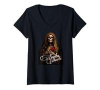 Mujer Santa Muerte Oscuro Folk Santo Primer Plano Arte Camiseta Cuello V