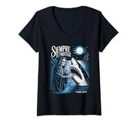 Mujer Santa Muerte Shark Siempre Te Protege Deidad Mexicana Folklore Camiseta Cuello V