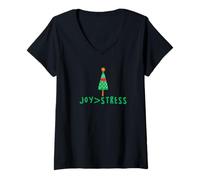 Mujer Santa Navidad - Alegría Mayor Que El Estrés Camiseta Cuello V