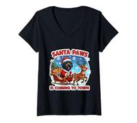 Mujer Santa Paws está llegando Navidad Negro Russian Terrier Dog Fun Camiseta Cuello V