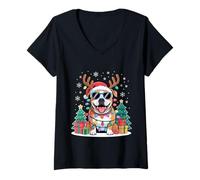 Mujer Santa Pitbull - Cuernos de Reno navideños Camiseta Cuello V