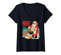Mujer Santa Secret Sauce BBQ Humor Navidad Vacaciones Camiseta Cuello V