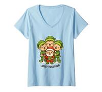 Mujer Santa y Elfos Cantando Arte navideño Retro Camiseta Cuello V