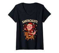 Mujer Santacalotl Santa Claus Cute Axolotl Snow Reindeer Christmas Camiseta Cuello V