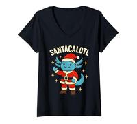 Mujer Santacalotl Santa Claus Cute Blue Axolotl New Year Christmas Camiseta Cuello V