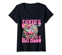 Mujer Santa's Favorite Hot Mess Funny Flamingo Christmas Cocktail Camiseta Cuello V