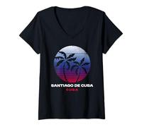 Mujer Santiago De Cuba Cuba Retro Atardecer Palmeras Tropical Camiseta Cuello V
