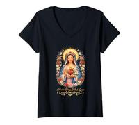 Mujer Santísima Virgen María Corazón Inmaculado Oración Católica Floral Camiseta Cuello V