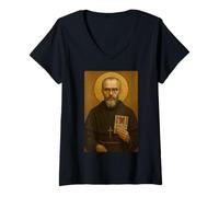 Mujer Santo Icono Católico de San Maximiliano Kolbe Camiseta Cuello V