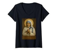Mujer Santo Icono Católico de Santa Teresa de Calcuta Camiseta Cuello V