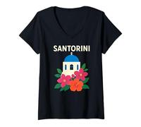 Mujer Santorini Grecia, Isla Griega Divertida, Cúpulas Azules de Oia Camiseta Cuello V