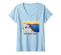 Mujer Santorini Grecia Puesta del Sol Paisaje Costero Camiseta Cuello V