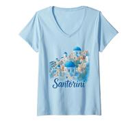Mujer Santorini Island Grecia Acuarela Playa Viaje Souvenir Camiseta Cuello V