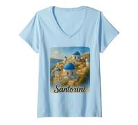 Mujer Santorini Island Grecia Acuarela Playa Viaje Souvenir Camiseta Cuello V