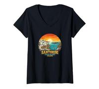 Mujer Santorini Islas Grecia Cícladas Vista del Atardecer Camiseta Cuello V