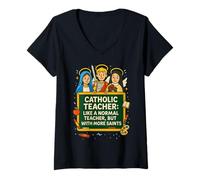 Mujer Santos Patronos de la Escuela Católica de Apreciación del Maestro Camiseta Cuello V