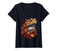 Mujer Sapo Colorido con Hojas de otoño Flores de otoño Animal del Bosque Camiseta Cuello V