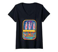 Mujer Sardinas Aceite de Oliva Puro Ilustración Vibrante Camiseta Cuello V