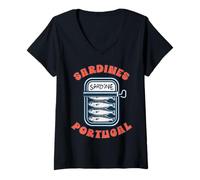 Mujer Sardinas Portugal Conservas de Pescado Divertido Pescador Camiseta Cuello V