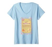 Mujer Sardine Tinned Fish Retro Vintage Coastal Girl Ocean Summer Camiseta Cuello V